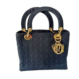 Christian Dior Black Quilted Cannage Lady Dior Top Handle Bag Gold Hardware